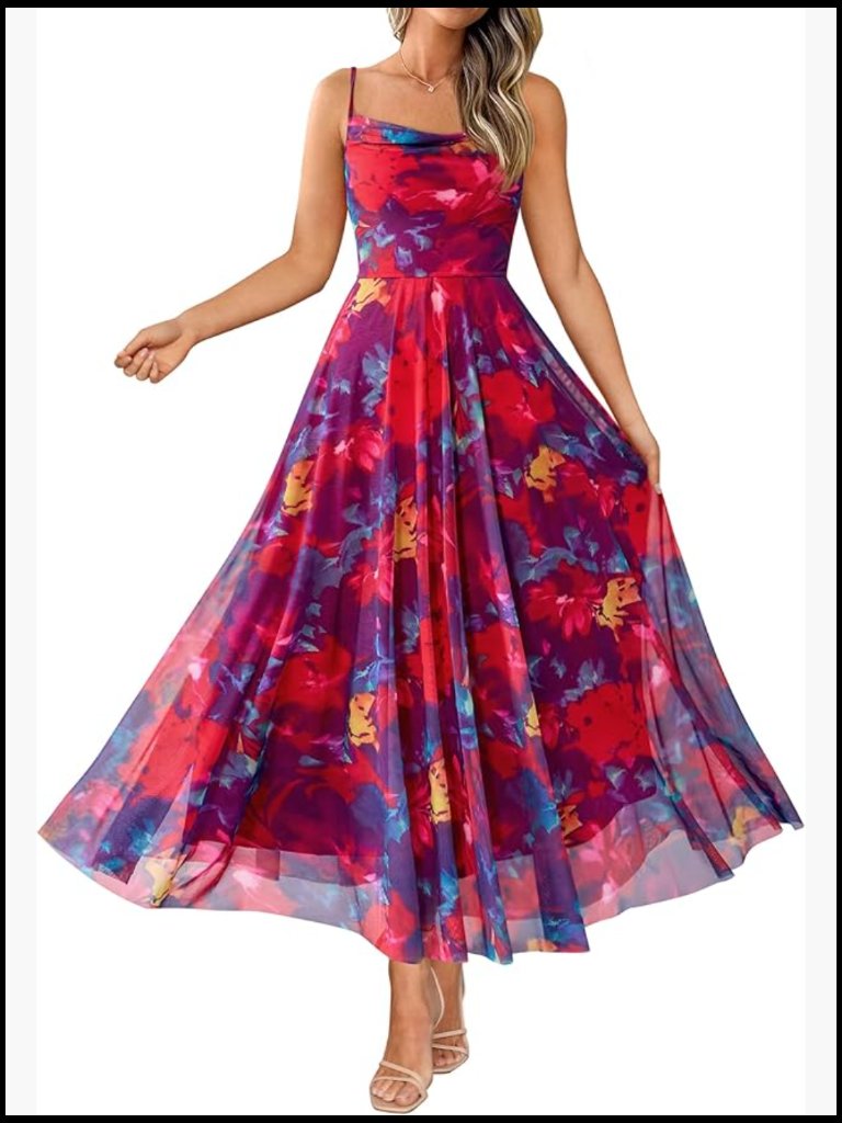 Lightweight Mesh Floral Maxi Dress Spaghetti Strap Cowl Neck
